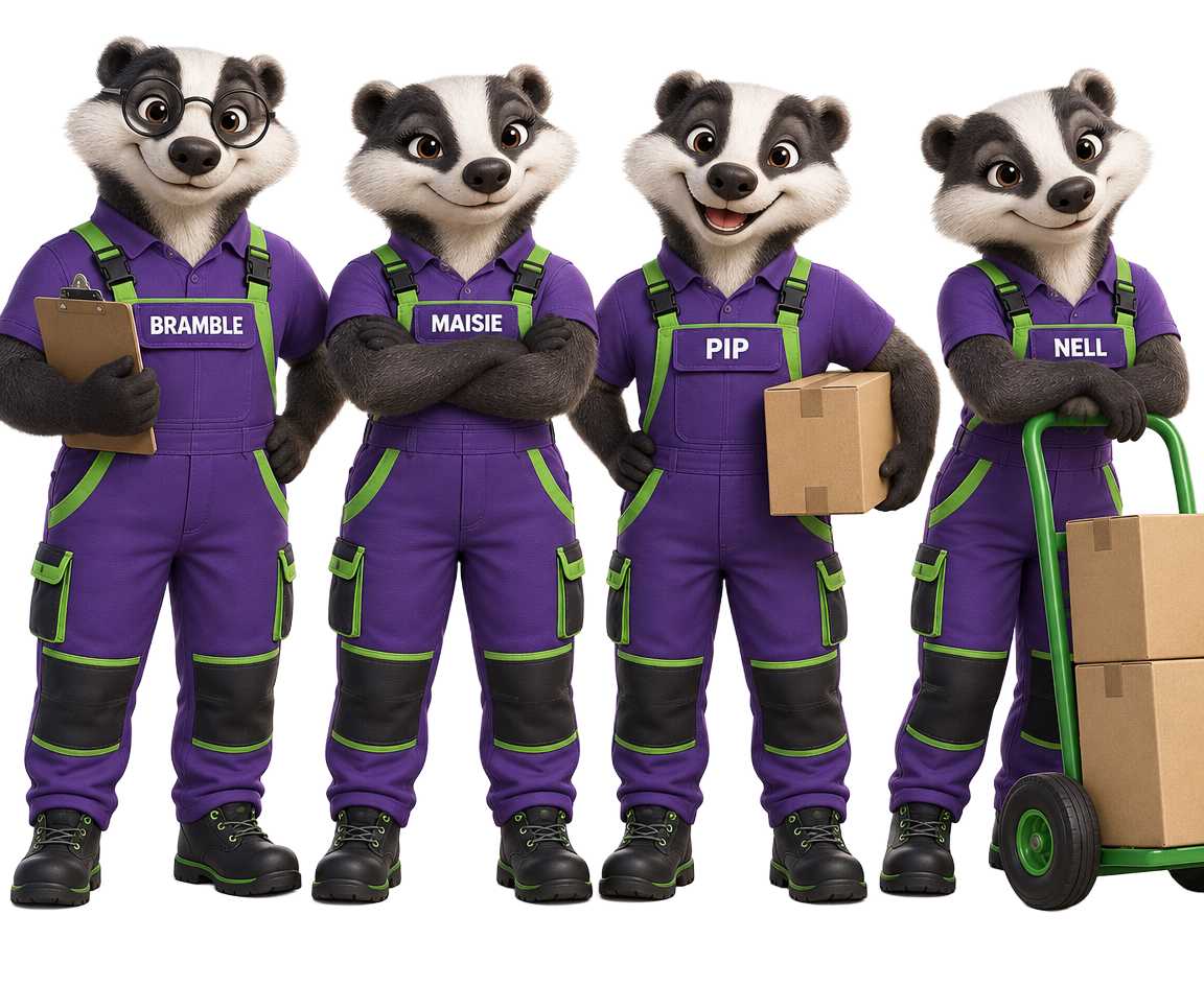 The Which Removals badger crew in purple overalls beside moving boxes